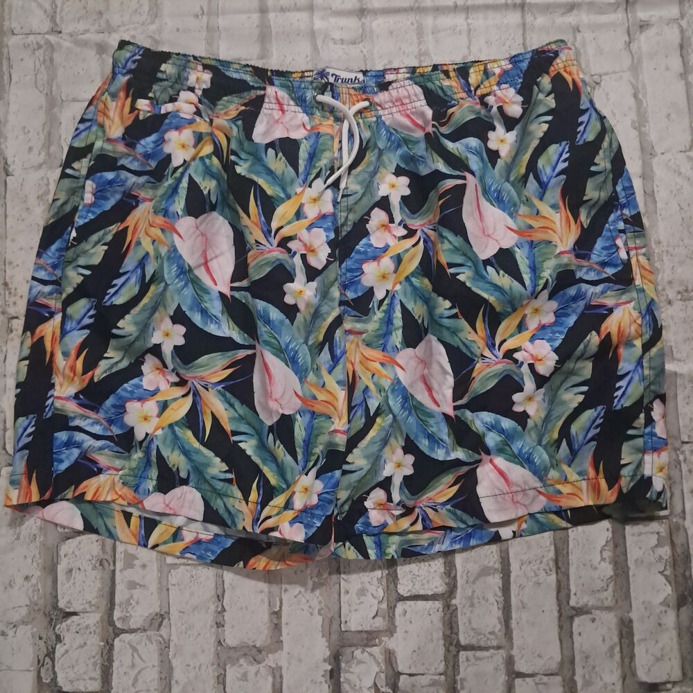 Trunks Surf & Swim Co Men's XXL Swim Trunks Floral Hawaiian Pockets Drawstring